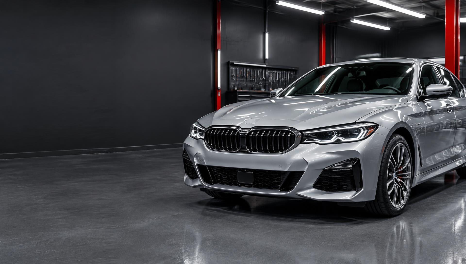 Silver car in an illustrative automotive workshop